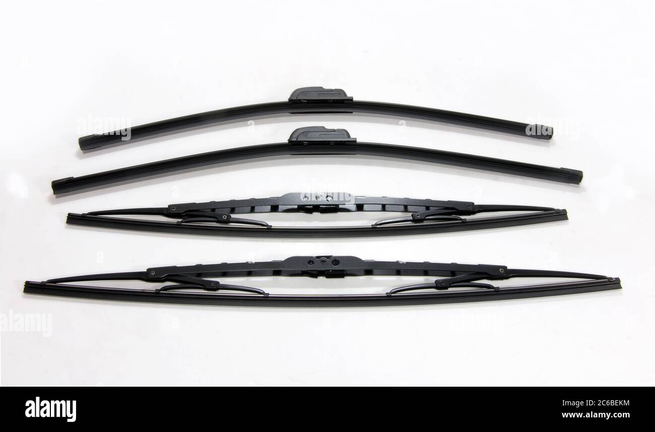 four cars windshield wipers on a white background, automotive