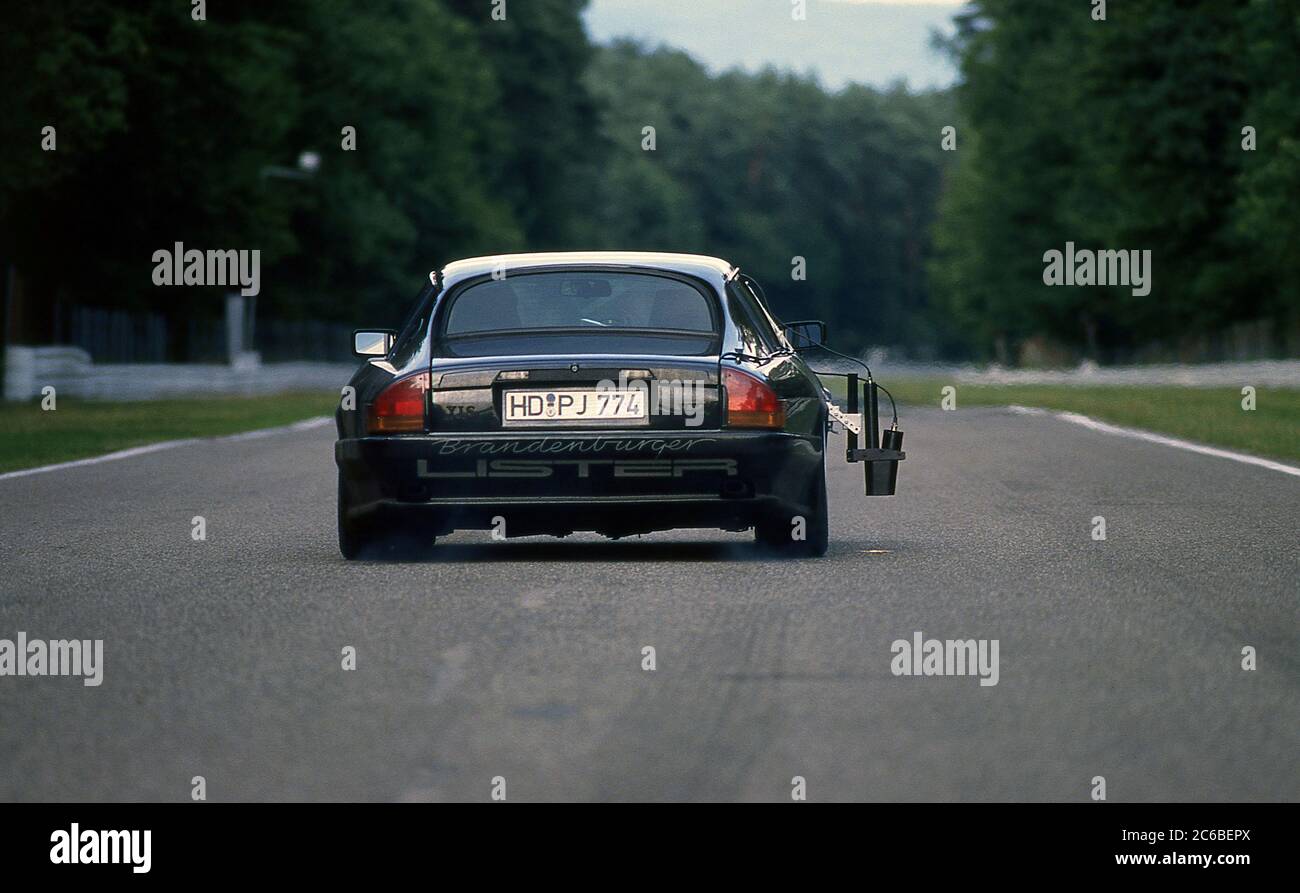 High Performance car test on the Nurburgring Nordschlefe in 1988. Ruf Porsche, Callaway Corvette, Brandenburger Lister XJS and LoTec Mercedes E Class. Stock Photo