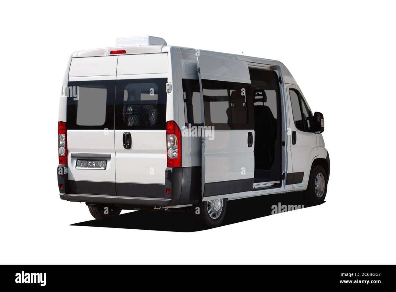 minibus back view, white minibus isolated over white with open side door Stock Photo