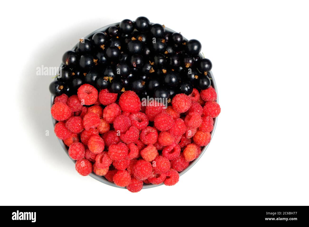 Raspberry and blackcurrant berries in a Cup view from the top on a ...