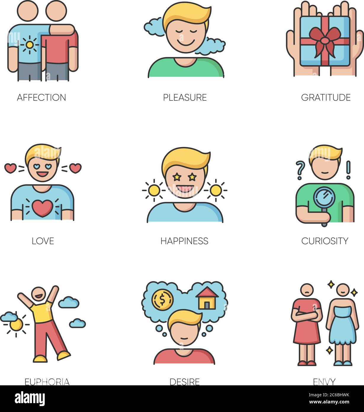 Feelings and emotions RGB color icons set. Various emotional reactions, human psychology. Positive feelings and negative mental states. Isolated vecto Stock Vector