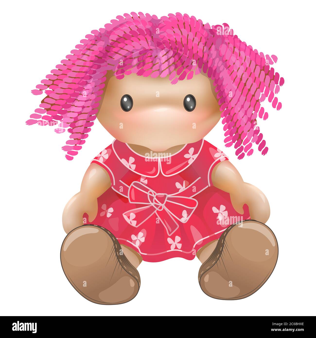 Doll. Rag toy.Threads, pink hair, pink dress. Stock Photo