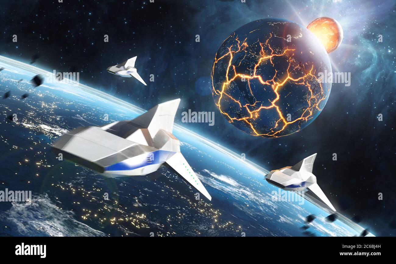 Three space ships flying to the collapsing planet. Sci-Fi concept. 3d rendering. Elements of this image furnished by NASA Stock Photo