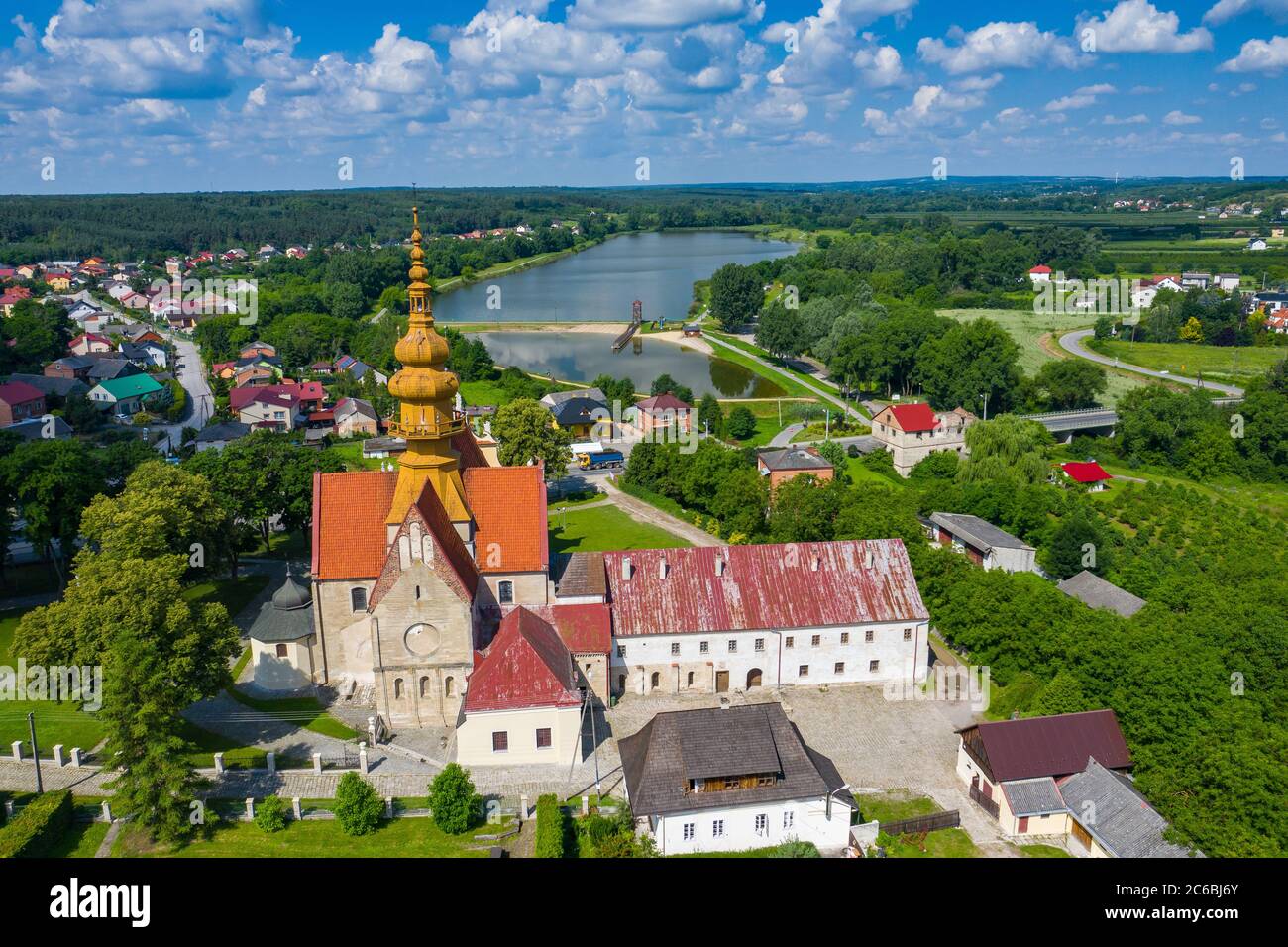 Aerial view of church in small village Cegielnia, Poland. Stock Photo