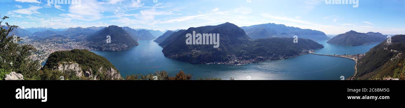 Panorama view of Lugano Lake. Switzerland Stock Photo