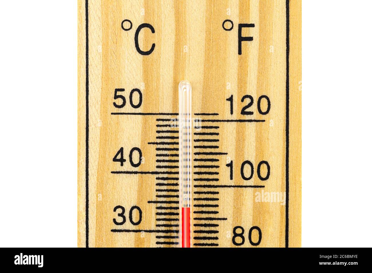 A macro shot of a classic wooden thermometer showing a temperature of 34  degrees Celsius, 93.2 degrees Fahrenheit, isolated on a white background  with Stock Photo - Alamy