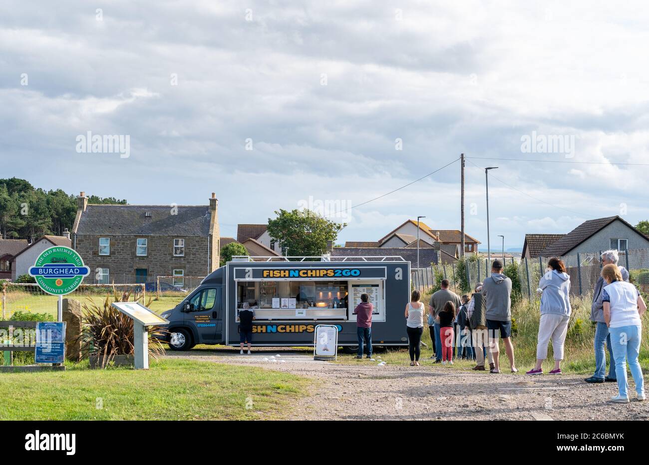 Burghead, Moray, UK. 8th July, 2020. UK. This is tea time in Burghead with Fish and Chips to Go. Credit: JASPERIMAGE/Alamy Live News Stock Photo