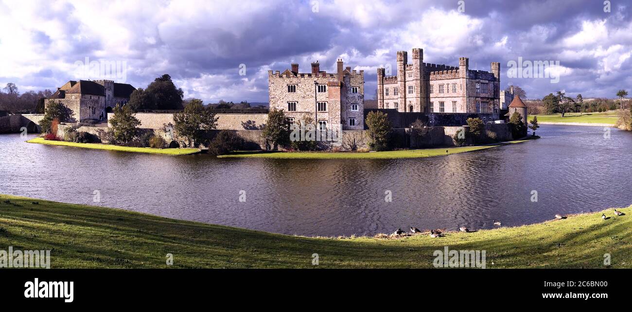 Panorama or panoramic of Leeds Castle, Kent. Beautiful 19th Century English castle & mansion built on islands in a lake formed by the River Len. Stock Photo