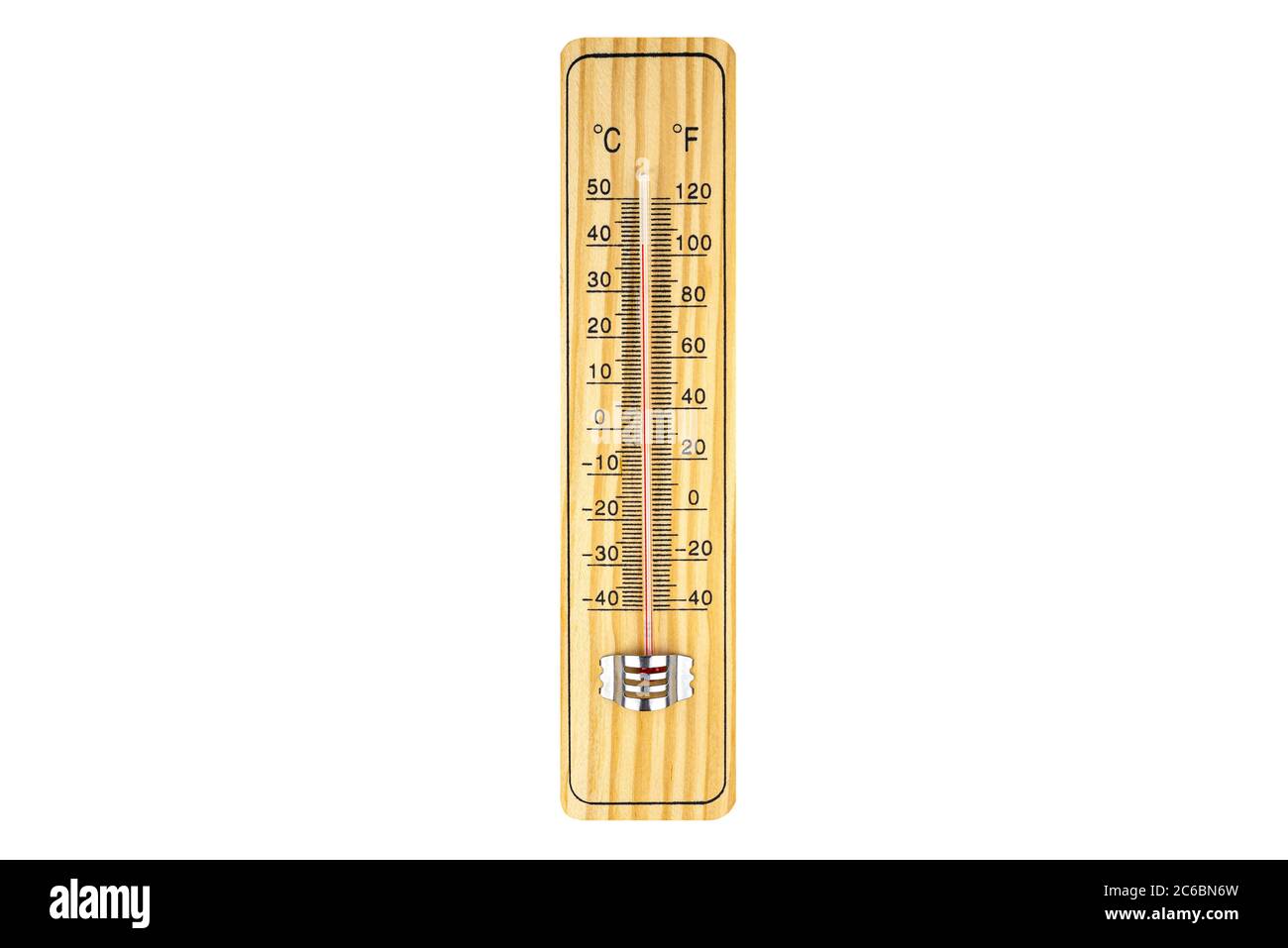 Classic wooden thermometer showing a temperature of 40 degrees Celsius, 104 degrees Fahrenheit, isolated on a white background with a clipping path. Stock Photo