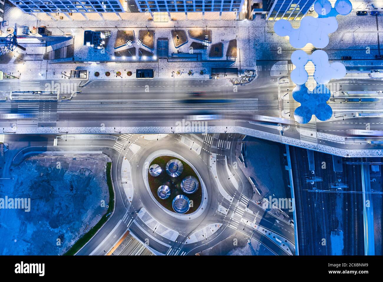 Helsinki, Finland - June 2, 2020: Aerial view of the brand new street near the Mall of Tripla. Modern street design. Stock Photo