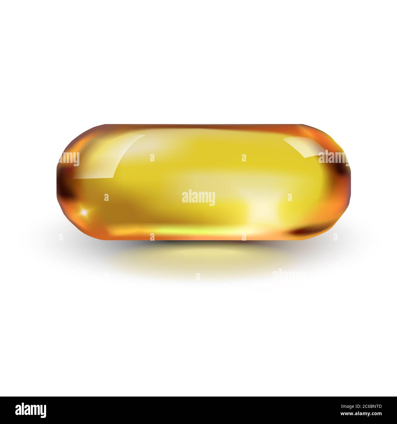 Oil golden capsule isolated on white background. Cosmetic pill capsule of vitamin E, A, Argan Almond oil, Omega 3, fish. Gold glass ball template. Stock Photo
