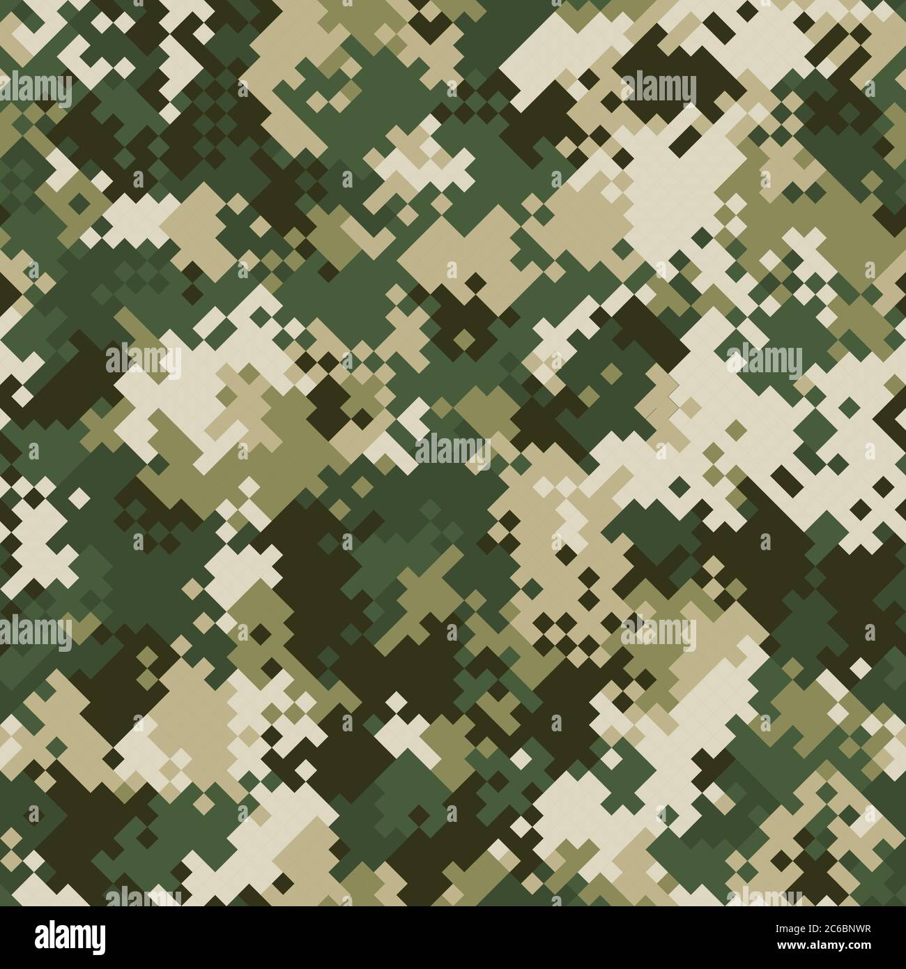 Seamless digital mountain pixel camo texture for army or hunting textile print. Vector digital military camouflage pattern. Beige and green moss color Stock Vector