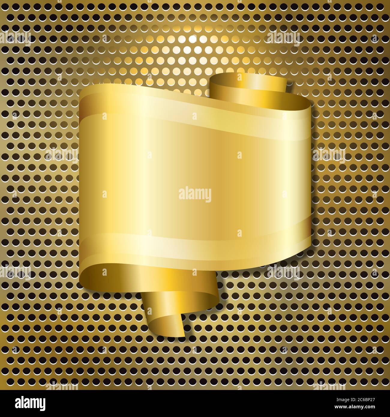 A speech bubble in the form of a scroll of gold ribbon, with space for your text, over a back-lit golden grille. EPS10 vector format. Stock Vector
