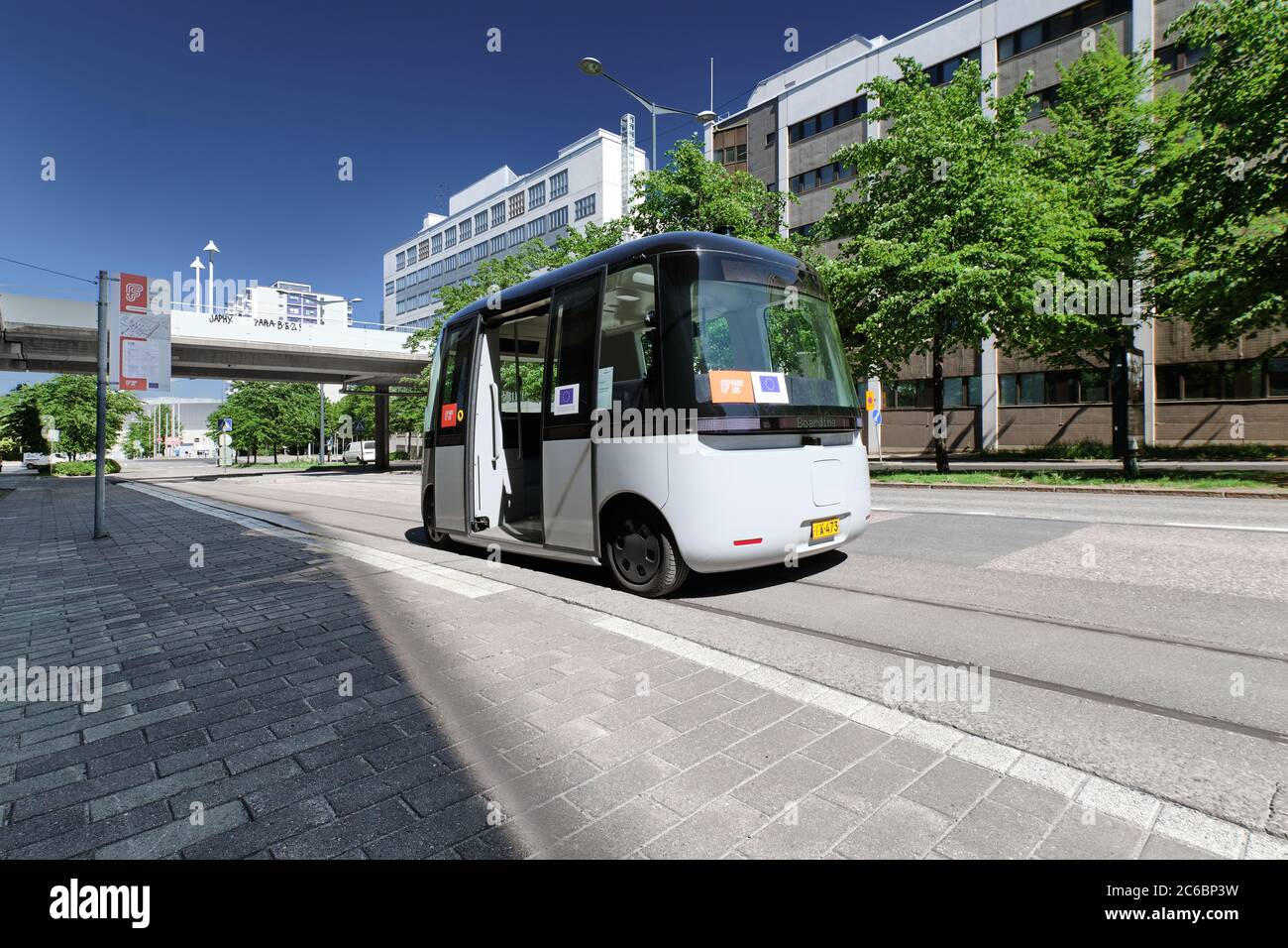 Helsinki, Finland - June 12, 2020: The FABULOS Project - testing self-driving bus in city street in Pasila district. Stock Photo