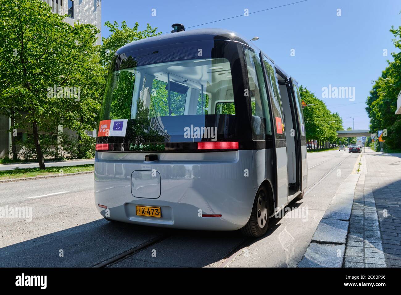 Helsinki, Finland - June 12, 2020: The FABULOS Project - testing self-driving bus in city street in Pasila district. Stock Photo