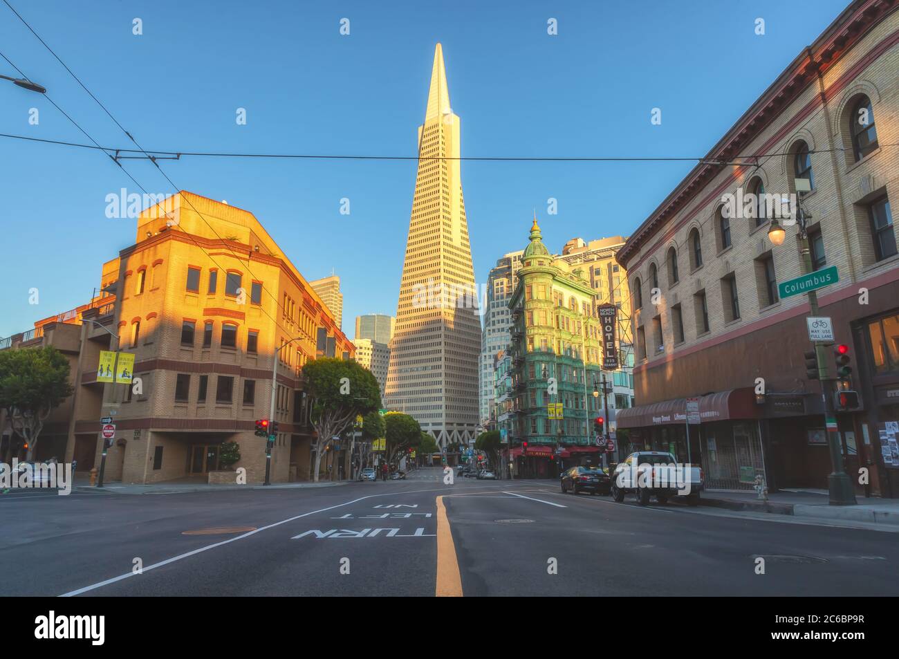 View of the iconic TransAmerica Pyramid from the Columbus Street at North Beach, San Francisco, California, USA. Stock Photo