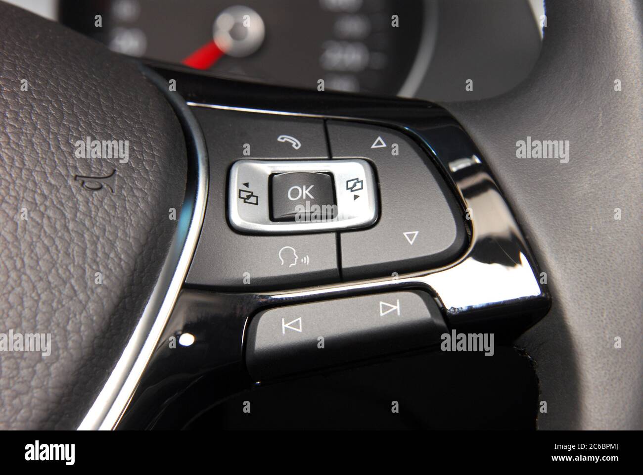 steering wheel button, detail on the steering wheel with controls Stock