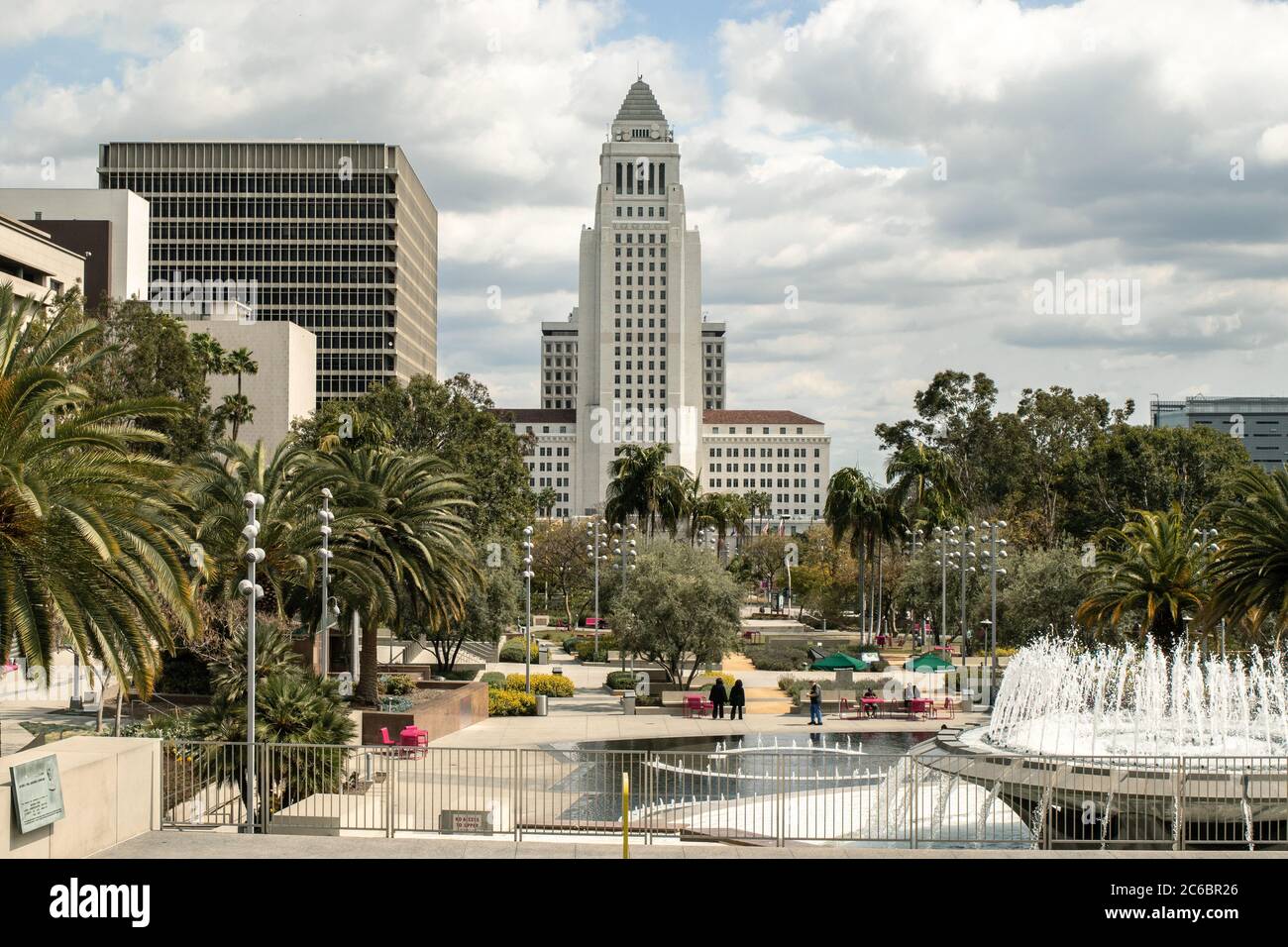 Los Angeles City Hall viewed from Grand Park in Downtown LA, CA, USA. Stock Photo