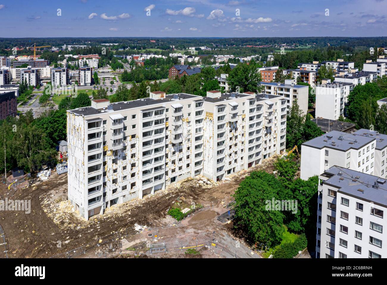 Aerial view of the demolition apartment building in Espoo, Finland