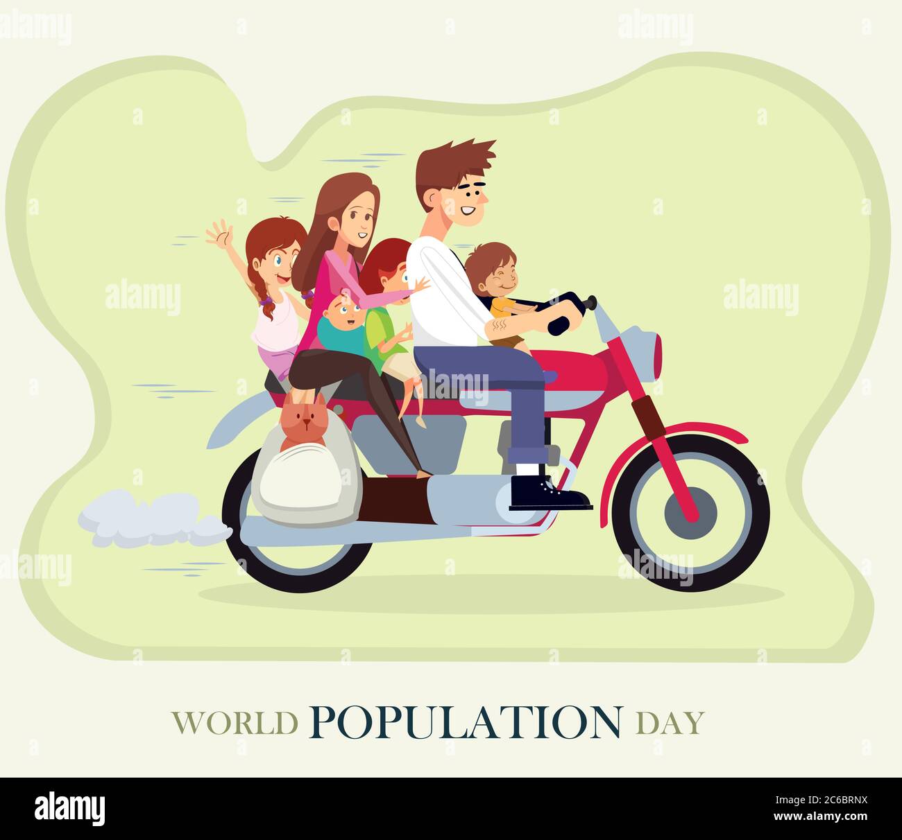 World population day, whole family with pet dog on motorbike, poster, illustration vector Stock Vector