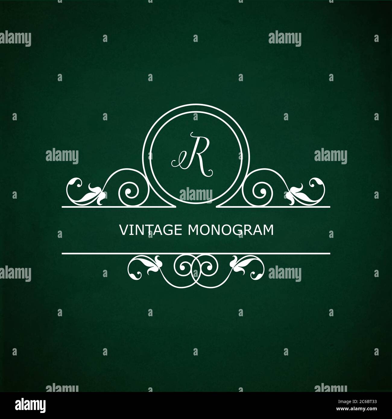 Monogram of the letter R, in retro floral style on green chalkboard ...