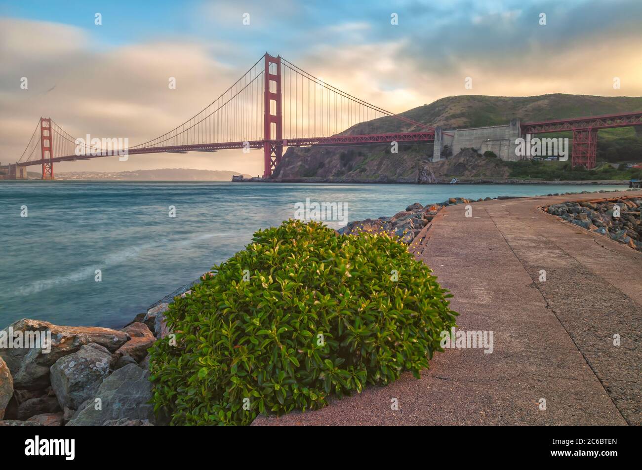 The Golden Gate Bridge at evening, seen from Cavallo Point at Fort