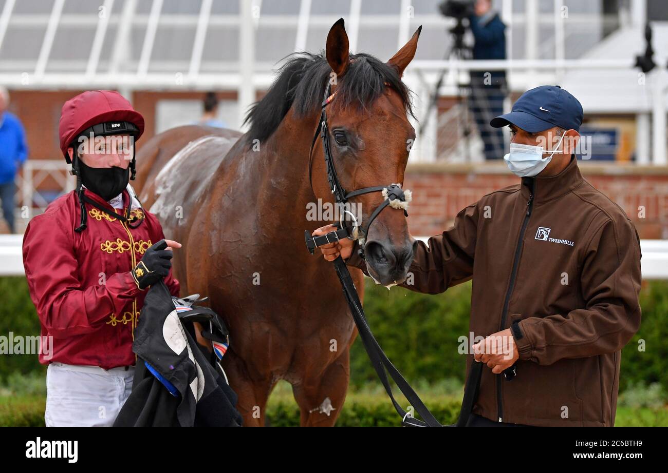 Darain and Oisin Murphy after winning the Oakley Coachbuilders Super sport Novice Stakes (Div II) at Newbury Racecourse. Stock Photo