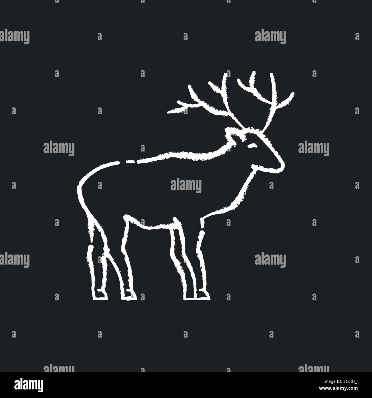 Deer chalk white icon on black background. Hoofed ruminant mammal, herbivore animal with beautiful antlers. Forest wildlife. Majestic reindeer, horned Stock Vector