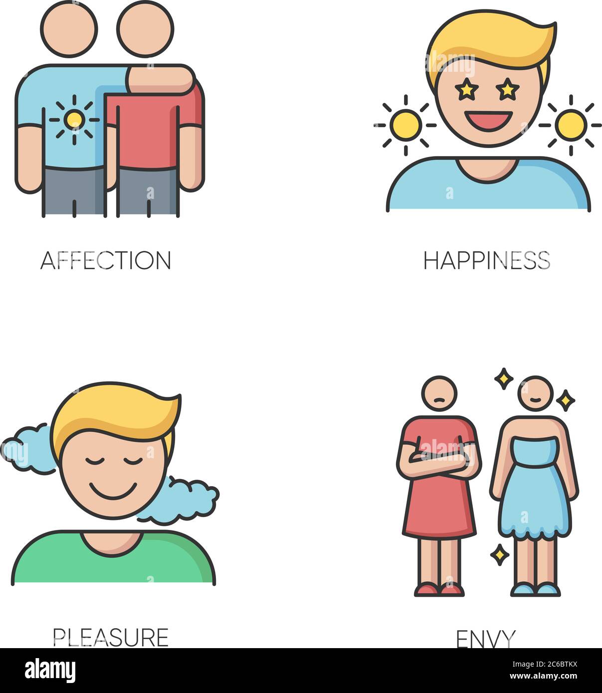 Positive and negative emotions RGB color icons set. Human feelings, emotional behaviour, mood. Affection, happiness, pleasure and envy. Isolated vecto Stock Vector