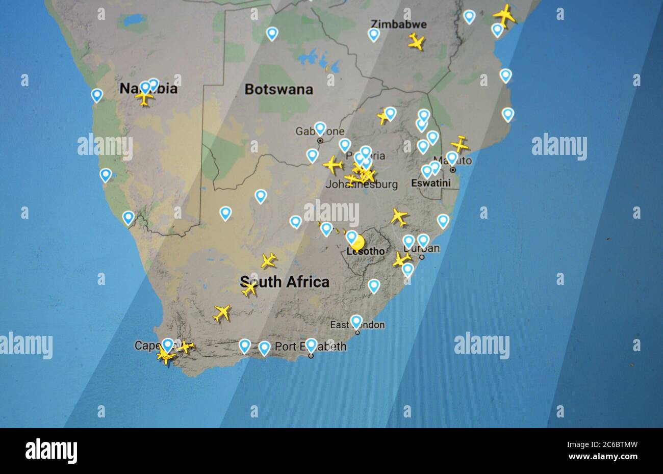 air traffic over South Africa, Namibia, Botswana, Zimbabwe (08 july 2020, UTC 16.01),  on internet site of Flightradar 24 by Svenska Resenätverket AB Stock Photo