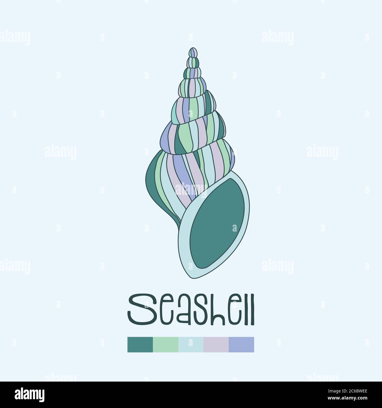 Hand drawn seashell in shades of turquoise, with colour swatches. EPS10 ...