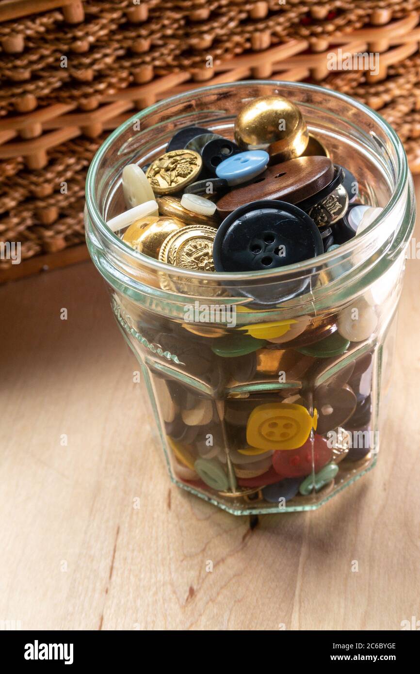 Vintage Button Collection in a Glass Jar Stock Photo
