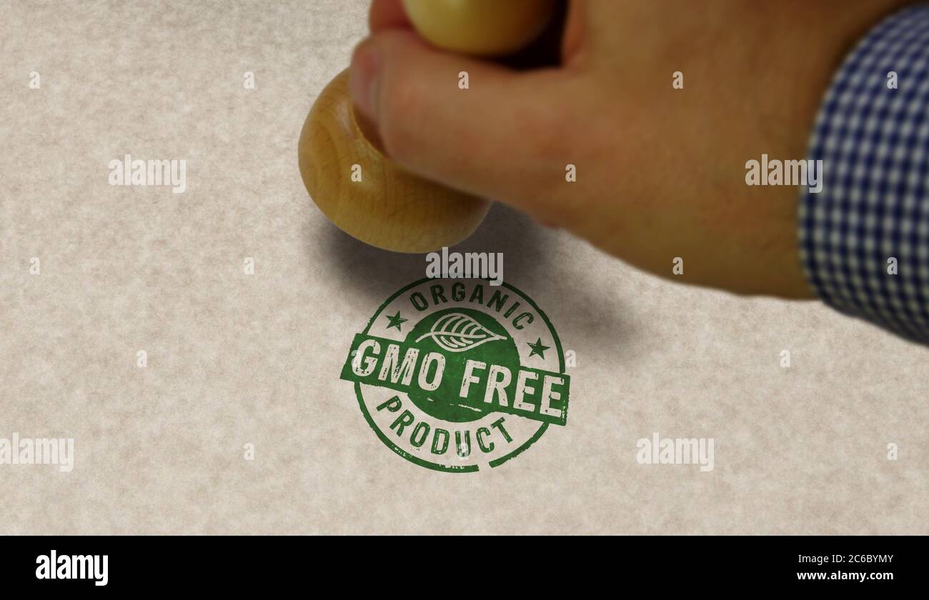 GMO free organic product stamp and stamping hand. Ecology, natural life style and healthy diet concept. Stock Photo