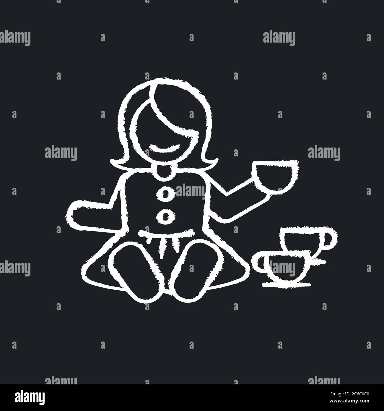 Pretend kitchenware chalk white icon on black background. Baby doll with tea set. Toys for playing pretend game with children. Social skills developme Stock Vector