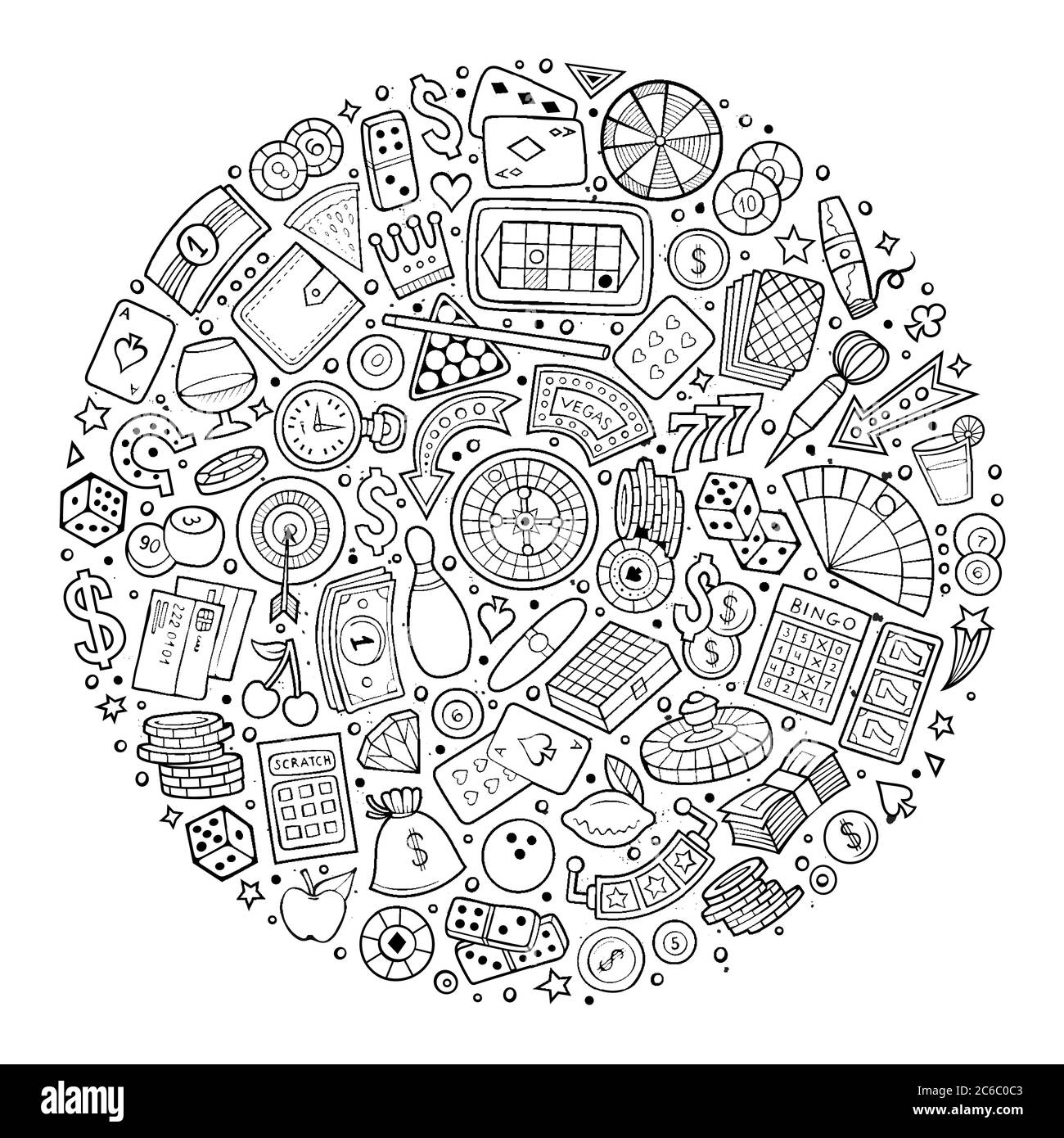 Set of Casino cartoon doodle objects, symbols and items Stock Vector