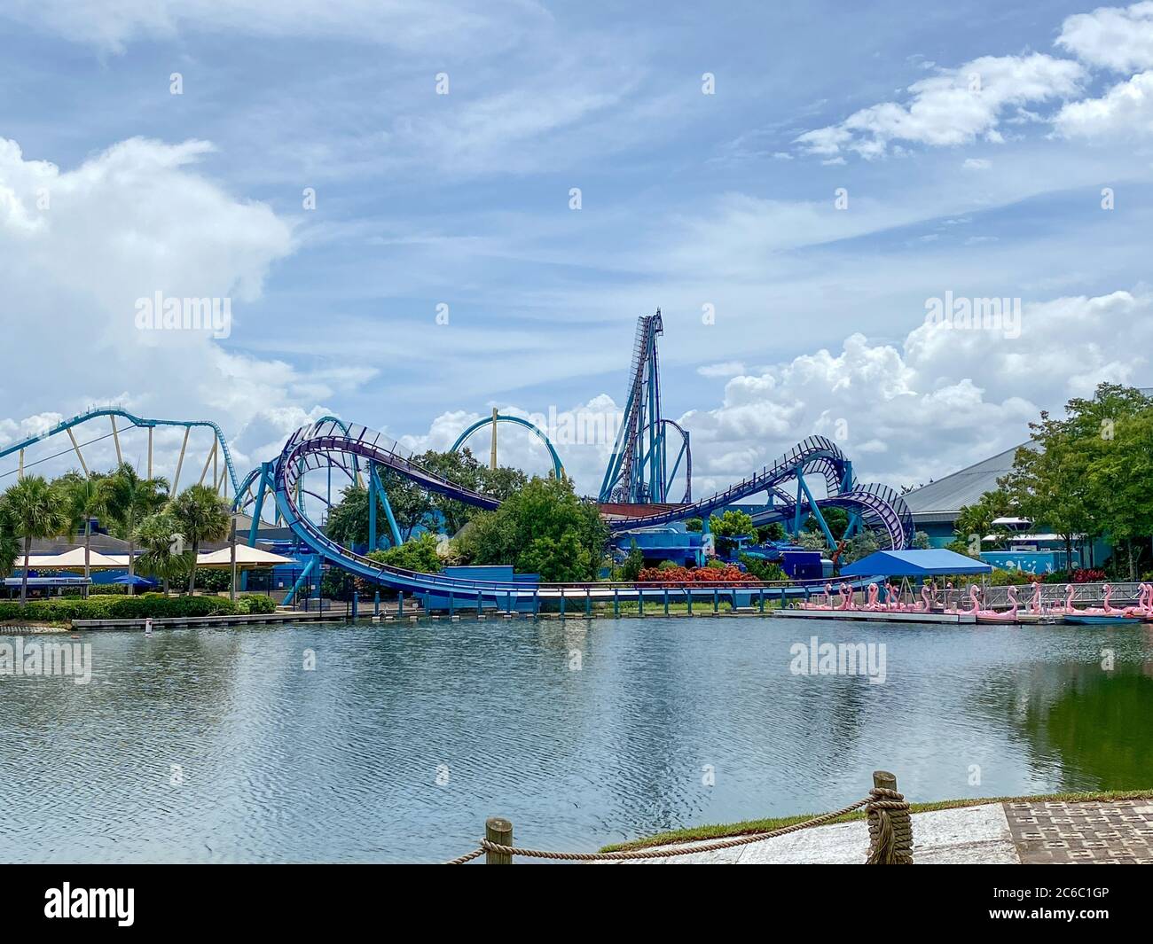 Orlando, FL/USA-7/3/20: A landscape view of the rollercoasters at Seaworld in Orlando, Florida. Stock Photo