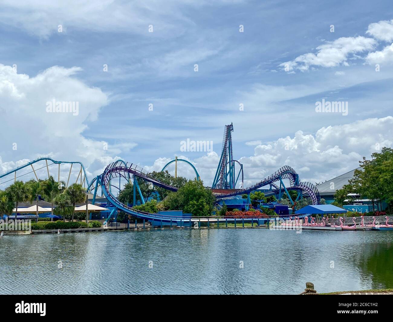 Orlando, FL/USA-7/3/20: A landscape view of the rollercoasters at Seaworld in Orlando, Florida. Stock Photo