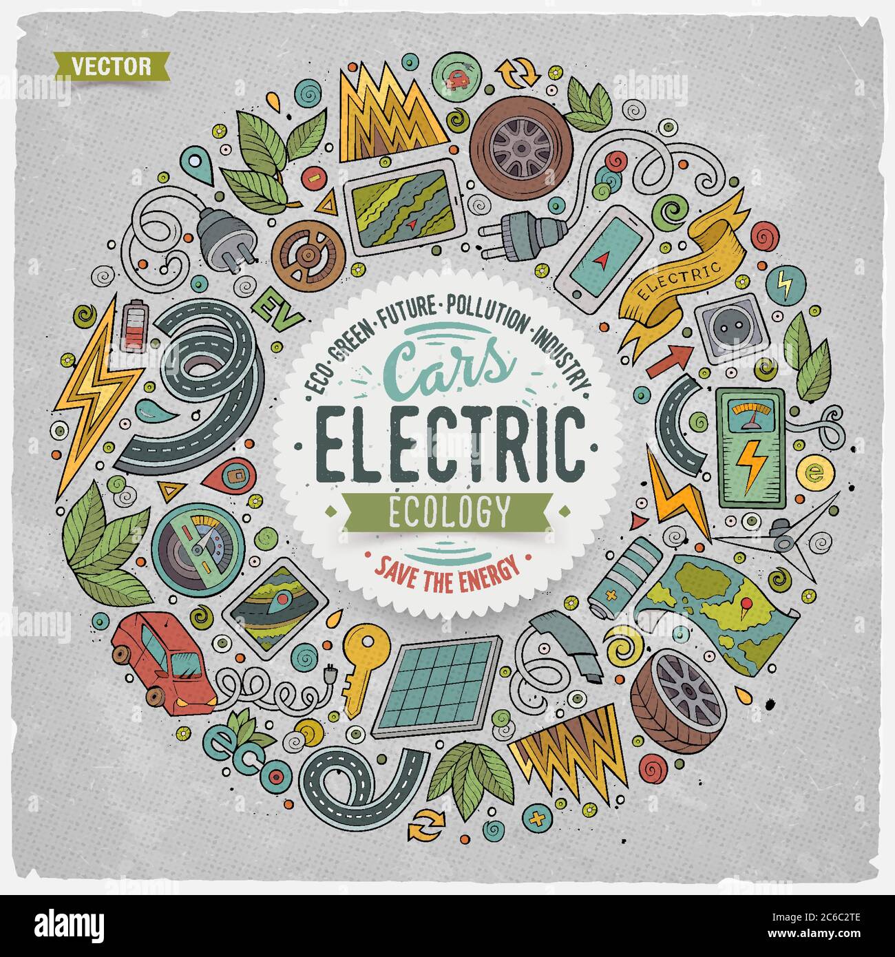 Vector hand drawn set of Electric cars cartoon doodle objects Stock ...