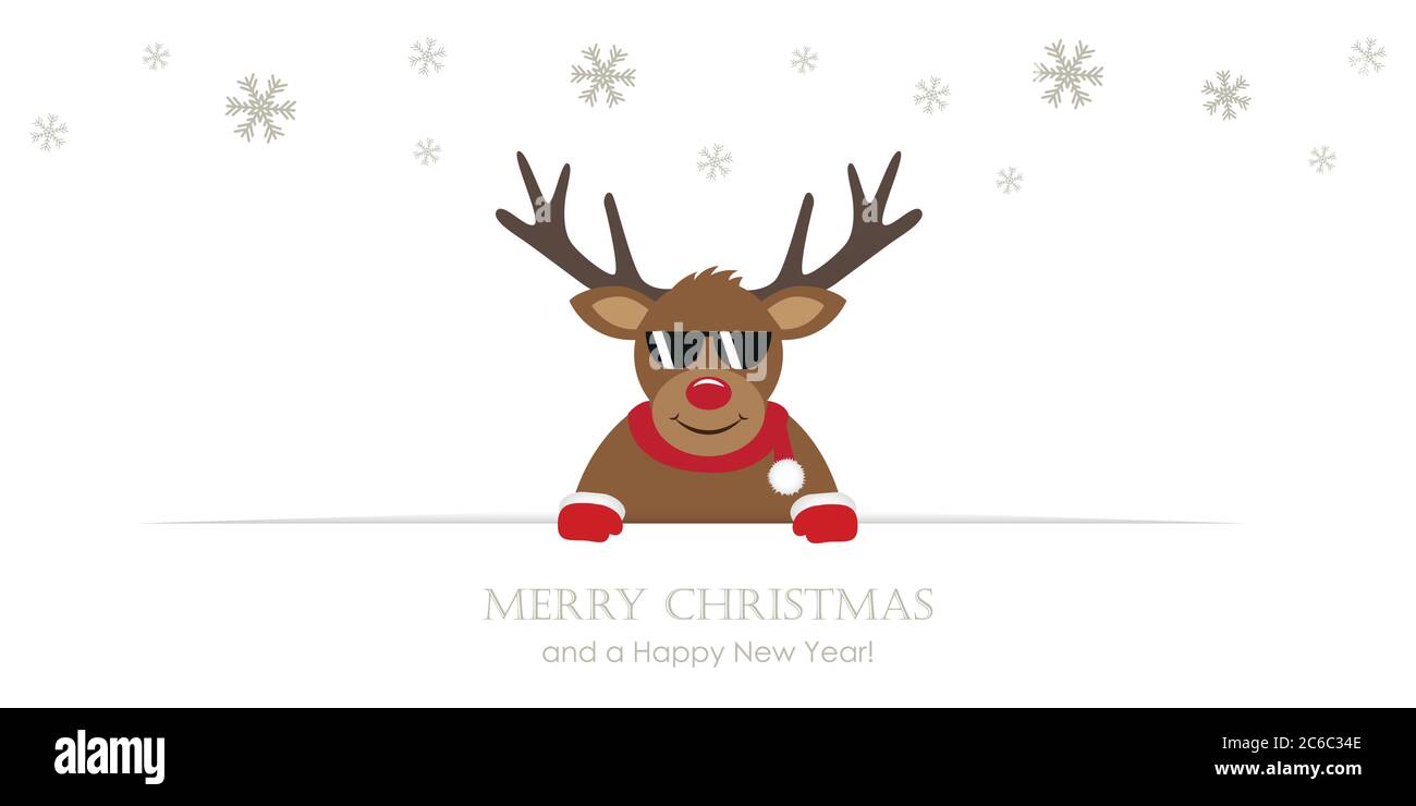 cute reindeer with sunglasses cartoon christmas card vector