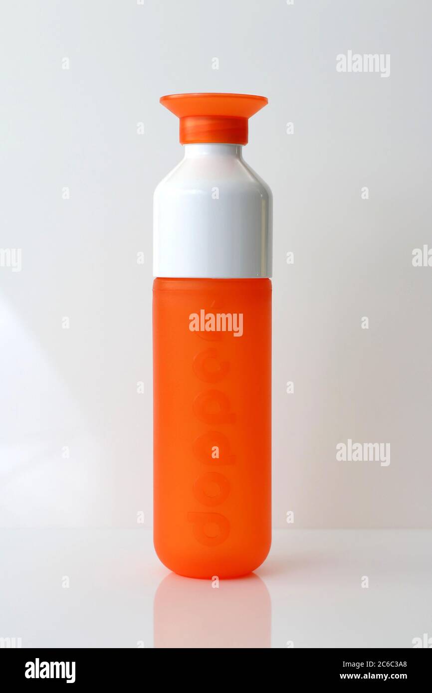 Schiedam, The Netherlands: FEB 25, 2018: A Dopper drinking bottle with a white background. A Dopper is made of recycled plastic. Stock Photo