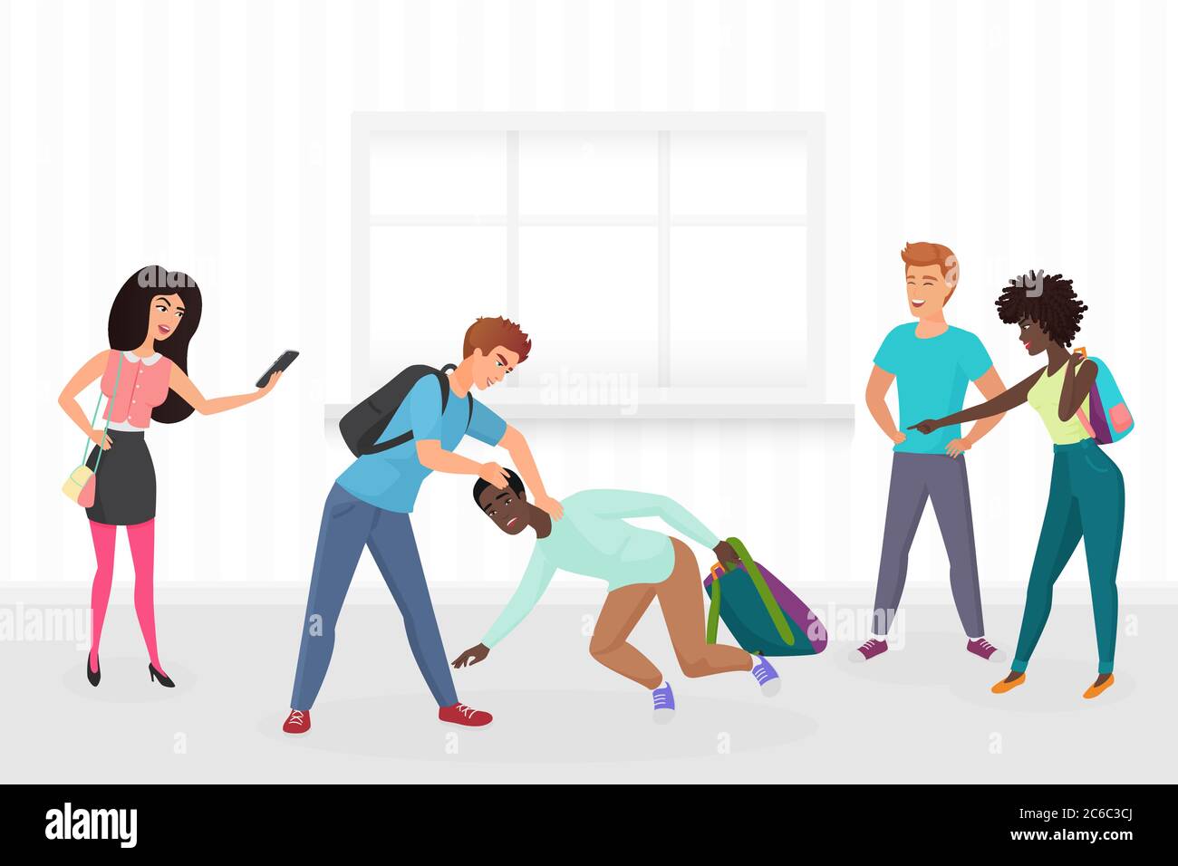 Guy hitting classmate, mocking him, scoffing, excruciate, cling, intimidate, taking photos on smartphones. Mockery and bullying at school problem cartoon vector illustration Stock Vector