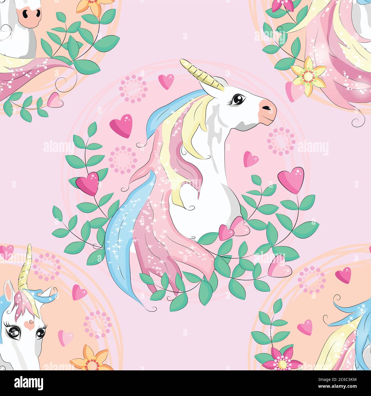 seamless pattern with cute unicorns, clouds,rainbow and stars. Magic ...