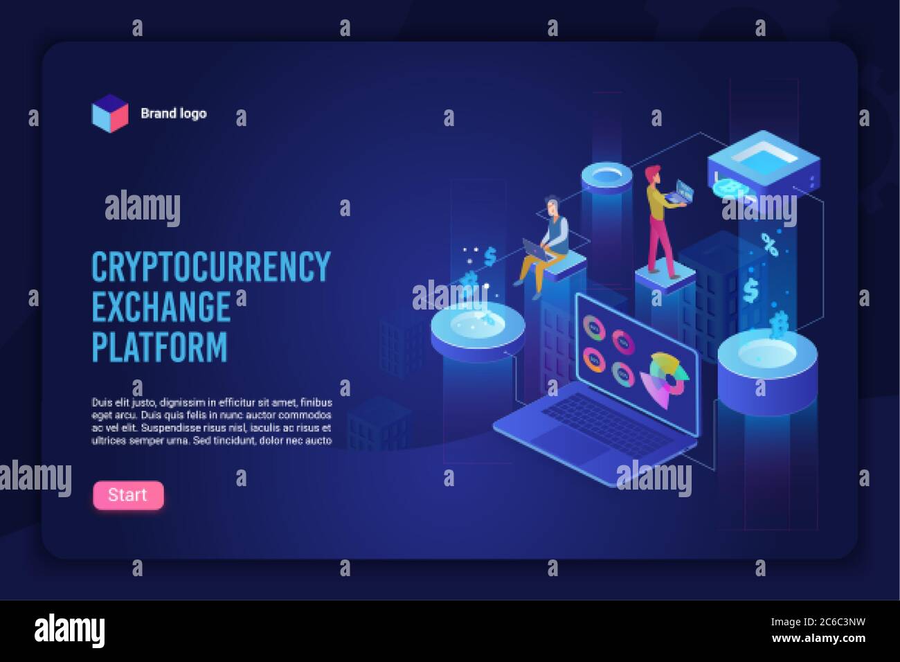 Isometric cryptocurrency exchange, payment concept vector illustration for banner, poster, website. Network crypto mining business landing page. Modern internet platform digital currency farming Stock Vector