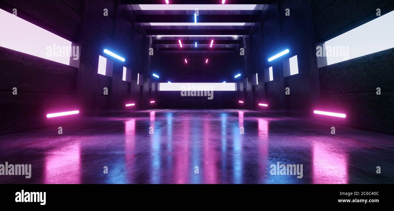 Large Sci Fi Futuristic Elegant Modern Warehouse Purple Blue Laser Beams  Pillars Lights Glowing Windows concrete Grunge Tunnel Corridor Alien  Spaceshi Stock Photo - Alamy