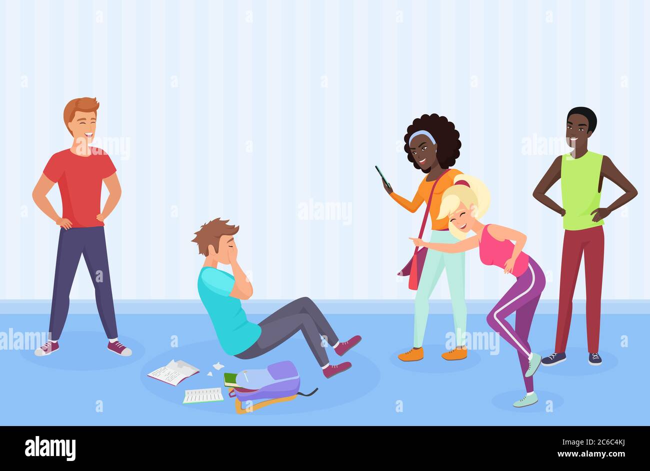 Sad teenage boy surrounded by classmates mocking him, scoffing, cling, intimidate, taking photos on smartphones. Mockery and bullying at school problem cartoon vector illustration Stock Vector