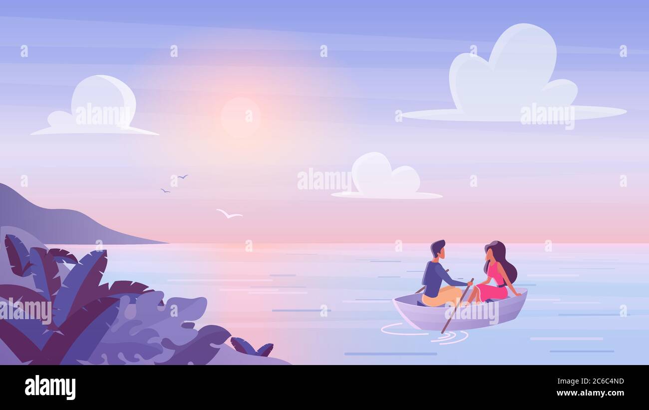 Young couple floating at wooden boat with romantic sunset time. Spend time together riding boat. Love relations, summer time vacation, leisure journey vector illustration Stock Vector