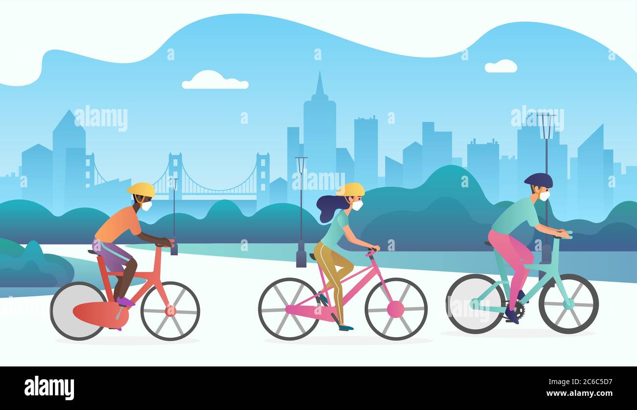 Vector Group of cyclists people wearing protection medical face mask and  riding bikes in public park street. Protection from 2019-nCoV, COVID-19,  SARS-CoV-2, coronavirus, virus, flu, air pollution Stock Vector Image & Art  -