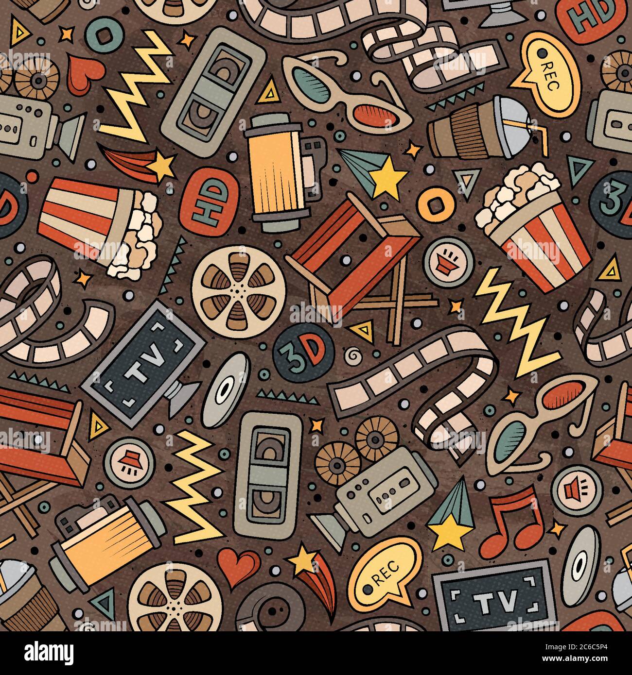 Cartoon cute hand drawn Cinema seamless pattern Stock Vector