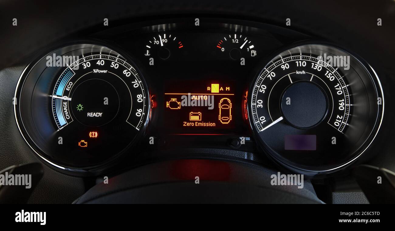 Illuminated instrument panel with the passenger car. Car dashboard ...