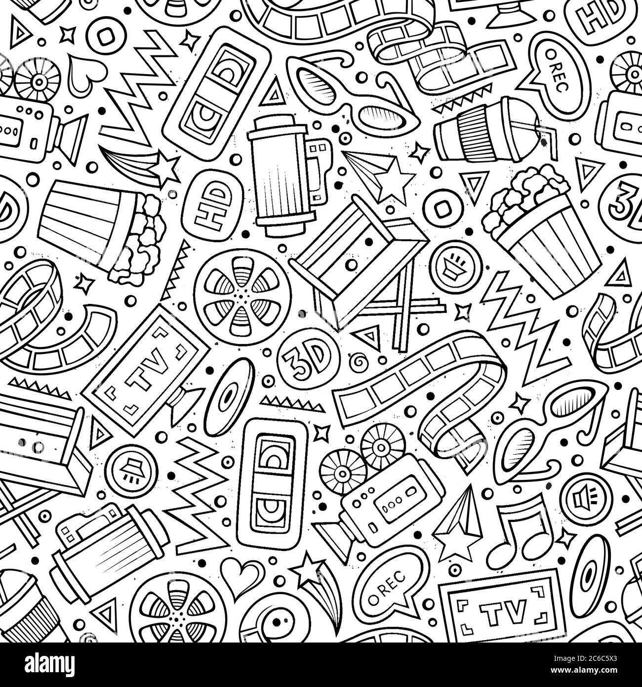 Cartoon cute hand drawn Cinema seamless pattern Stock Vector Image ...